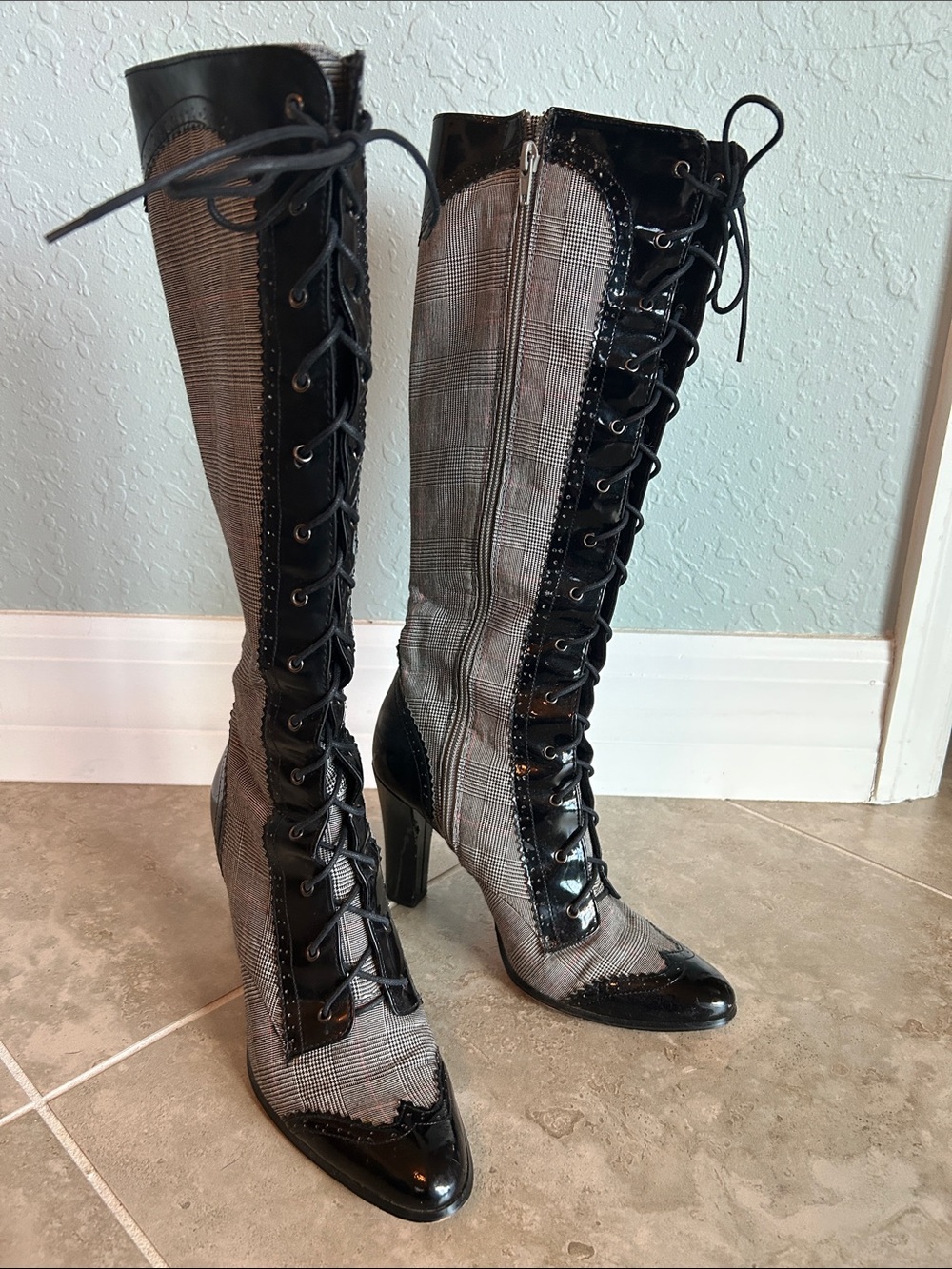 Charles by Charles David Women’s Black & Gray Lace-Up Knee Boots - Classic Plaid